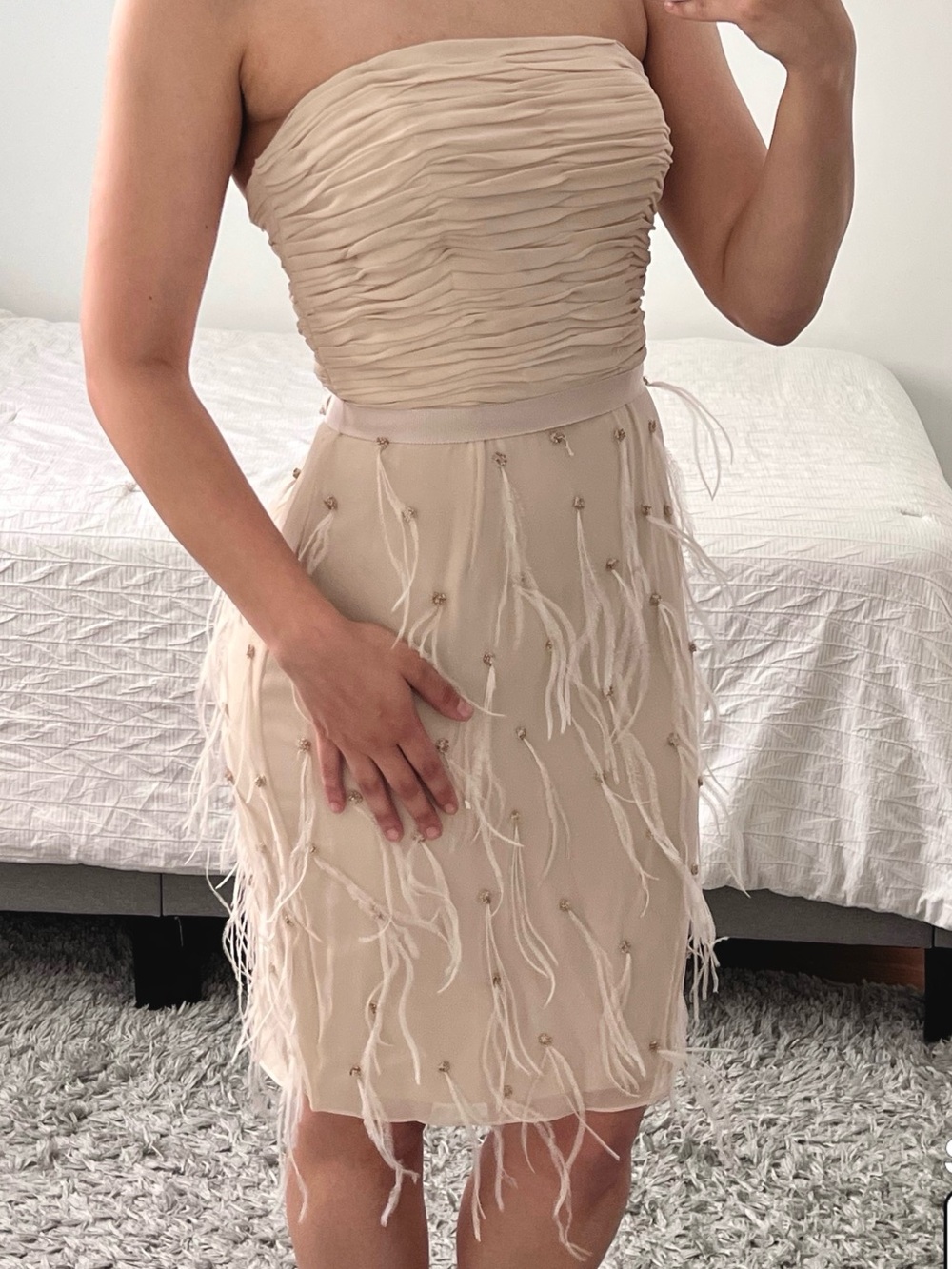 Chetta B Strapless Feather-Trim Cocktail Dress